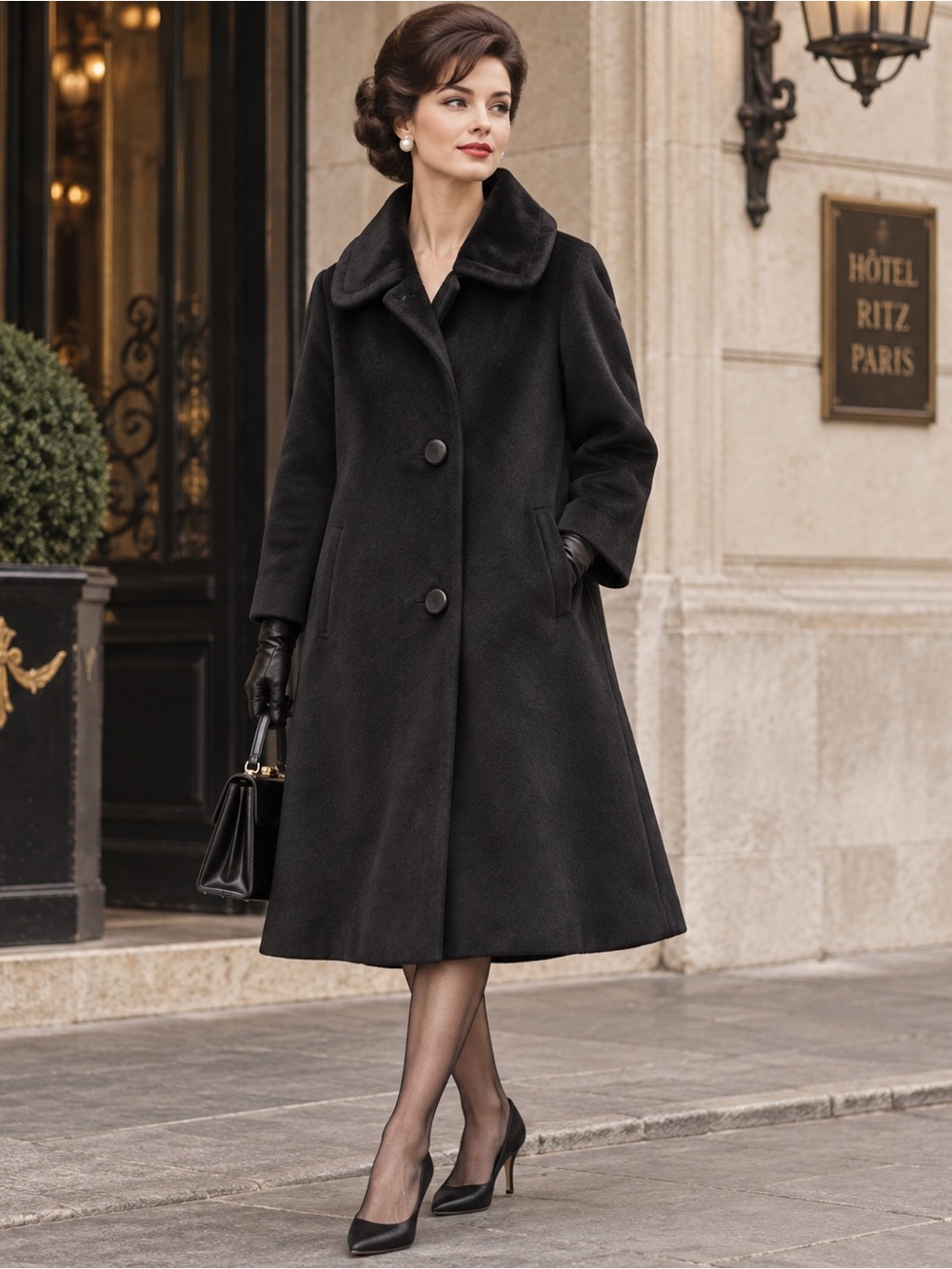 Vintage 1960’s Wool Black Swing Coat Oversized Collar A Line Coat